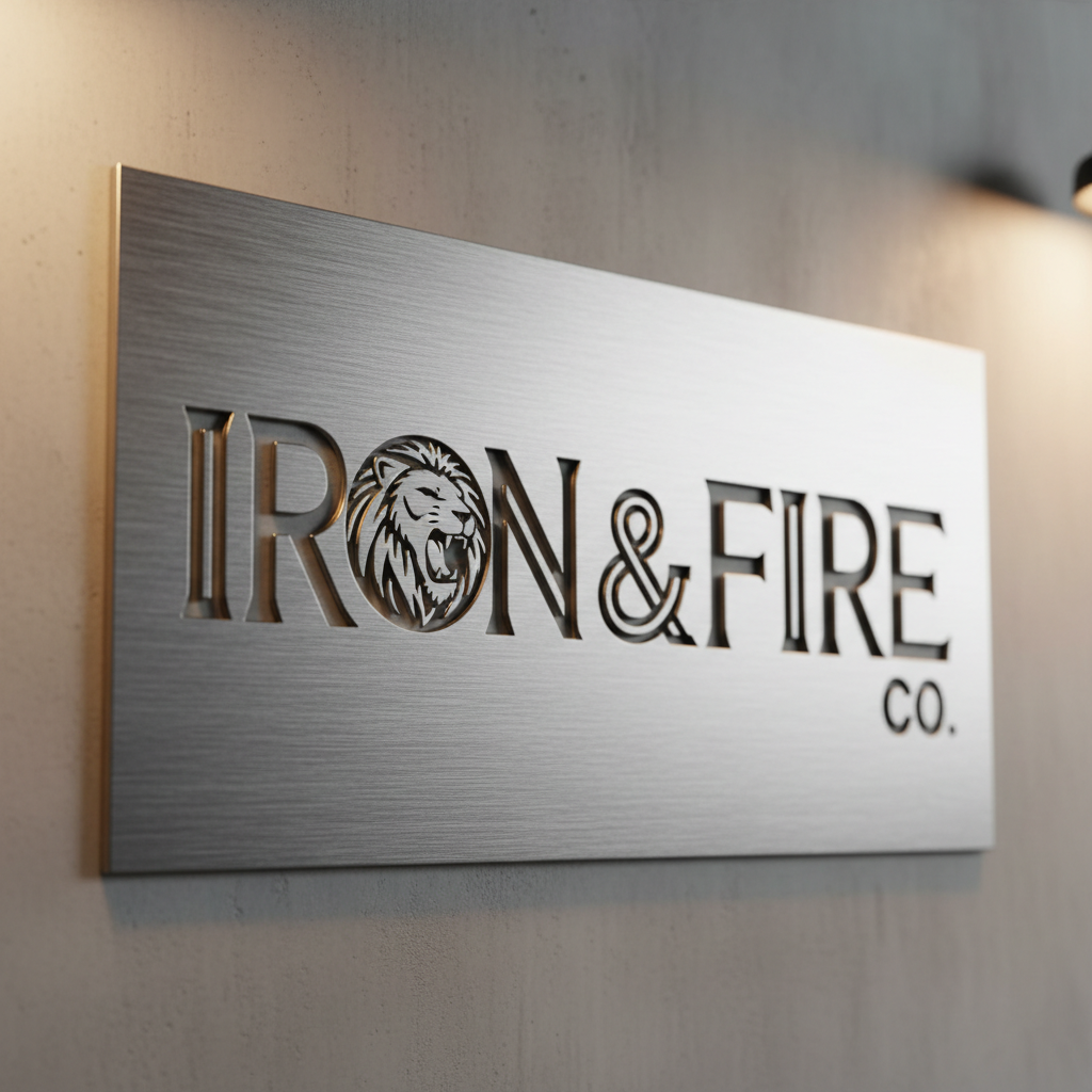 Close-up of a custom metal sign with brushed steel texture and precise laser-cut lettering.